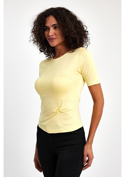 Kadın Büzgülü Tişört Günlük Tarz Bej Renk Kısa Kol Modal Polyester modelleri