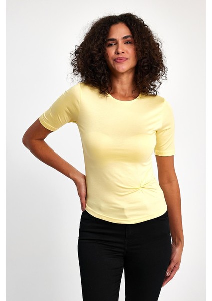 Kadın Büzgülü Tişört Günlük Tarz Bej Renk Kısa Kol Modal Polyester fırsatları