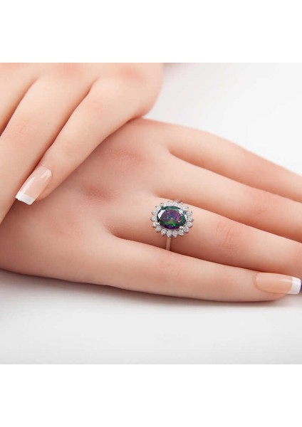 Gümüş Mistik Topaz Taşlı Oval Kadın Yüzük