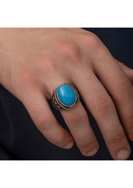 Gümüş Zirkon Turkuaz Taşlı Oval Erkek Yüzük modelleri