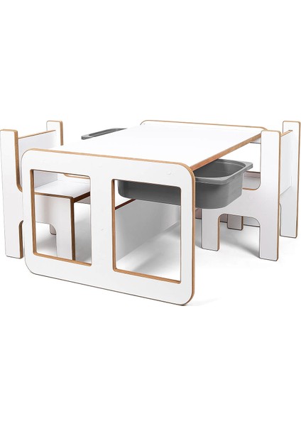 2 Kişilik Çekmeceli Oyun, Aktivite, Etkinlik Masası, Beyaz-Gri, 18MM Mdf