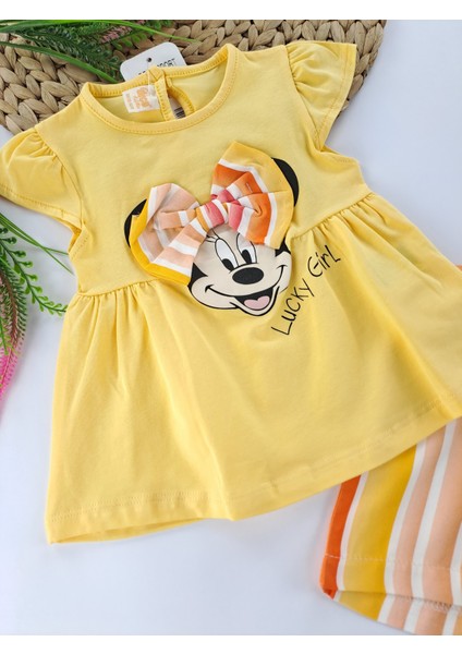 Kız Çocuk Şort Tişort Ikili Takım Fiyonklu Minnie Mouse Li Luck Girl Baskılı Pembe Açık Pembe Sarı