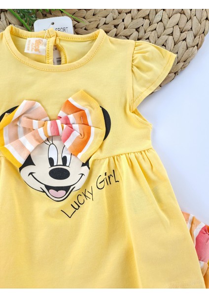 Kız Çocuk Şort Tişort Ikili Takım Fiyonklu Minnie Mouse Li Luck Girl Baskılı Pembe Açık Pembe Sarı fırsatları