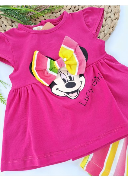 Tufitto Baby Kız Çocuk Şort Tişort Ikili Takım Fiyonklu Minnie Mouse Li Luck Girl Baskılı Pembe Açık Pembe Sarı