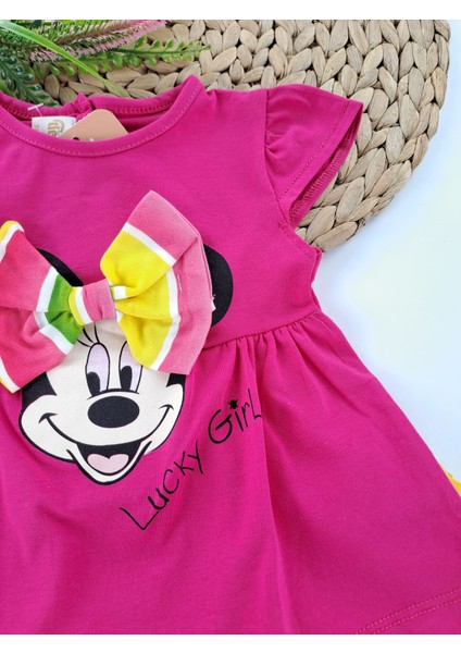 Tufitto Baby Kız Çocuk Şort Tişort Ikili Takım Fiyonklu Minnie Mouse Li Luck Girl Baskılı Pembe Açık Pembe Sarı