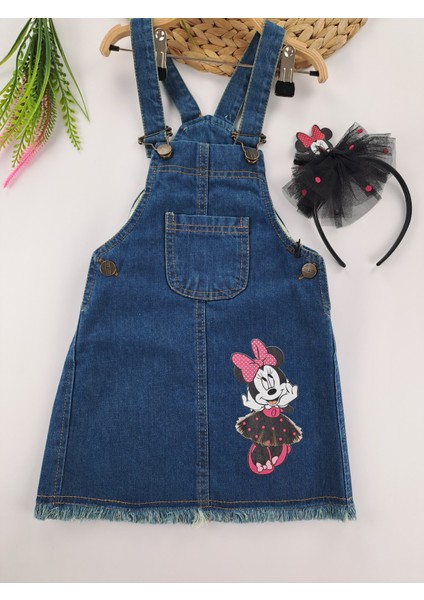 Kız Çocuk Kot Salopet Elbise Taç Aksesuralı Ikili Takım Minnie Mouse Baskılı
