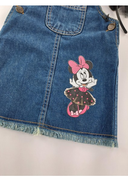 Kız Çocuk Kot Salopet Elbise Taç Aksesuralı Ikili Takım Minnie Mouse Baskılı modelleri