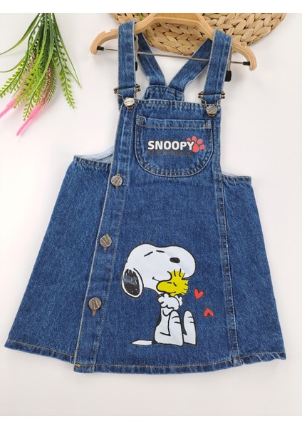 Kız Çocuk Kot Salopet Elbise Snoopy Baskılı