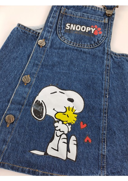 Kız Çocuk Kot Salopet Elbise Snoopy Baskılı modelleri