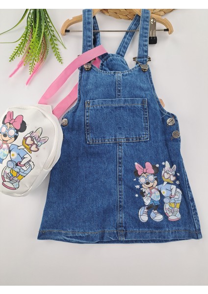 Kız Çocuk Kot Salopet Elbise Çanta Ikili Takım Minnie Mouse Baskılı