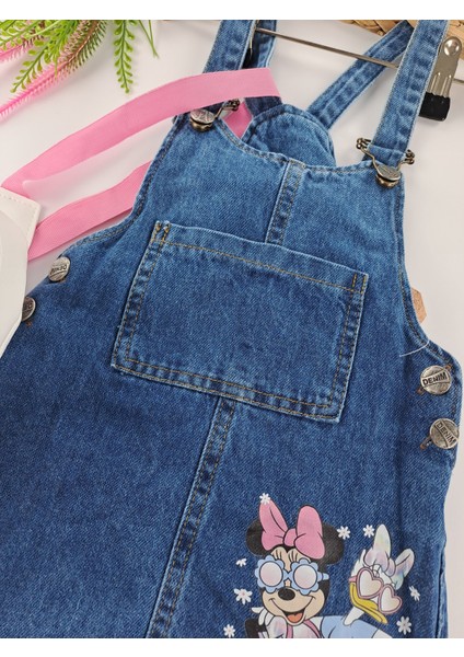 Kız Çocuk Kot Salopet Elbise Çanta Ikili Takım Minnie Mouse Baskılı modelleri