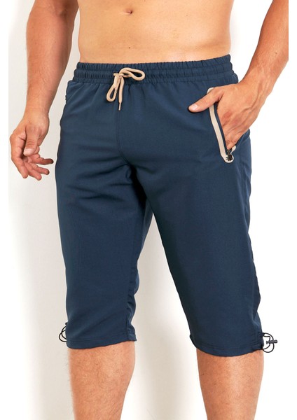 Erkek Lacivert Mıcropoly Beli Lastikli Cepli File Astarlı Hızlı Kuruyan Büyük Beden Kapri EDY2524B-L