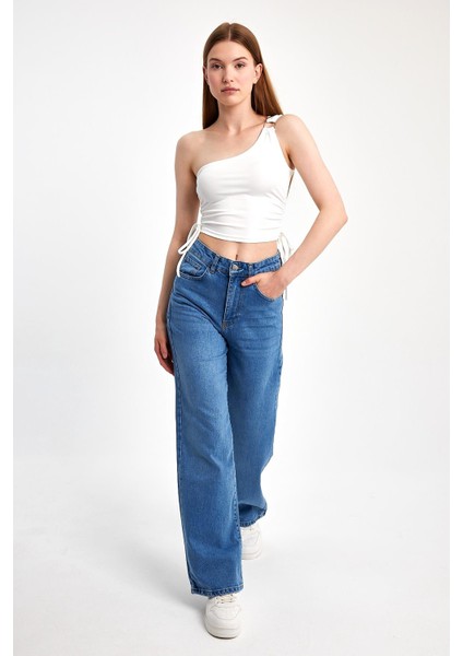 Kadın Wide Leg Denim Pantolon 2 Desenli Bej Günlük Stil Boru Paça