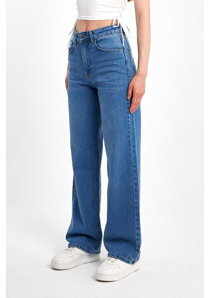 Kadın Wide Leg Denim Pantolon 2 Desenli Bej Günlük Stil Boru Paça fiyatları