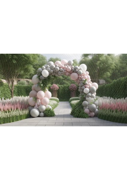 Bahçe Temalı Etkinlikler Için Balon Dekorlu Fon Perdesi - Pembe ve Gri Renklerde Zarif Tasarım, 200X150CM Arkaplan, Duvar Örtüsü