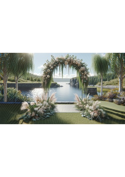 Göl Kenarı Etkinlikleri Için Çiçekli Metal Kemerli Fon Perdesi - Doğal ve Romantik Tasarım, Yeşil ve Beyaz Çiçekler, 200X150CM Arkaplan, Duvar Örtüsü