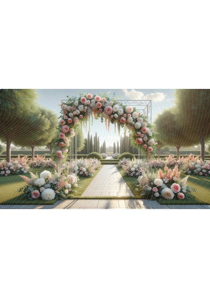 Bahçe Düğünleri Için Çiçek ve Yeşilliklerle Bezenmiş Kemerli Fon - Pembe ve Beyaz Renklerde Zarif Tasarım, 200X150CM Arkaplan, Duvar Örtüsü