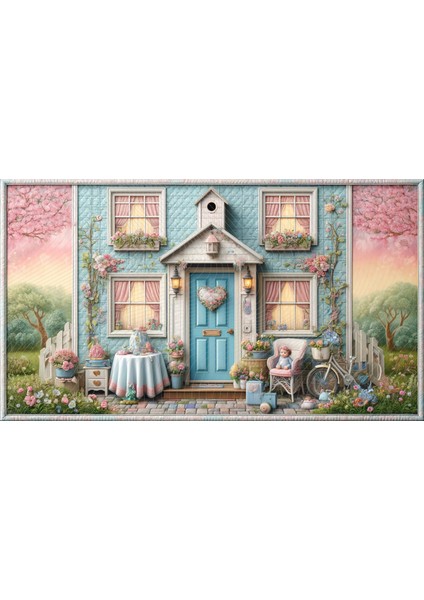 Çiçeklerle Bezenmiş Şirin Ev ve Bahçe Temalı Çocuk Odası Arkaplanı, 200X150CM, Fon, Duvar Örtüsü