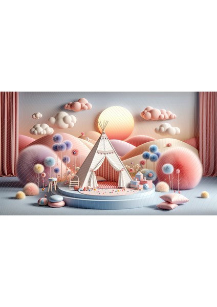 Renkli ve Hayal Gücünü Harekete Geçiren Çocuk Odası Arkaplanı, Çadır ve Bulutlarla, 200X150CM, Fon, Duvar Örtüsü