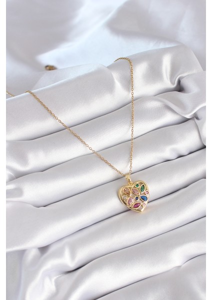 Mulvxxmd XDN02 Çelik Gold Renk Renkli Zirkon Taşlı Kalp Model Kadın Kolye (Mulvix)