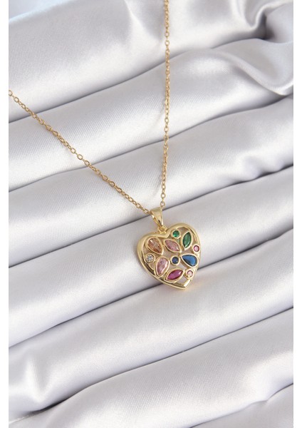 Mulvxxmd XDN02 Çelik Gold Renk Renkli Zirkon Taşlı Kalp Model Kadın Kolye (Mulvix)