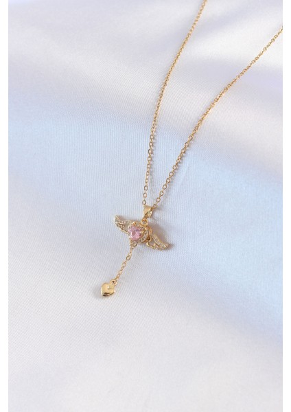 Mulvxxmd XDN02 Çelik Gold Renk Kanatlı Kalp Model Zirkon Taş Detay Kadın Kolye (Mulvix)
