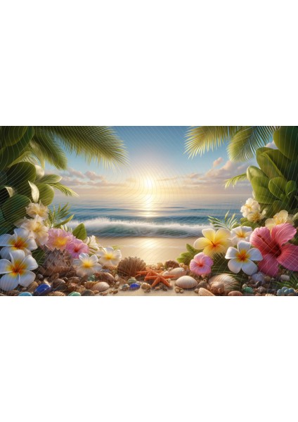 Tropikal Sahil ve Çiçek Manzaralı Yaz Temalı Duvar Örtüsü, 200X150CM, Fon, Arkaplan