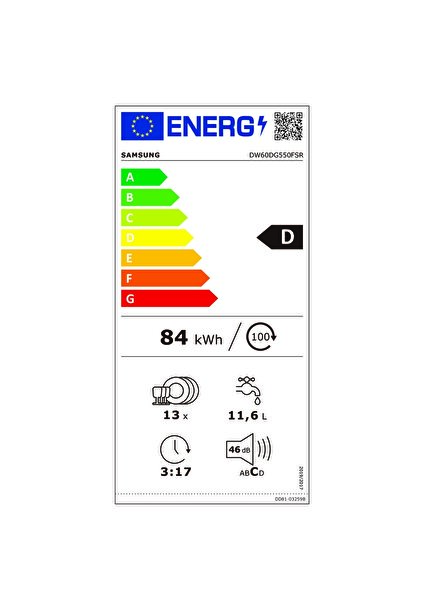 DW60DG550FSRTR 5 Programlı Bulaşık Makinesi, D Enerji Sınıfı