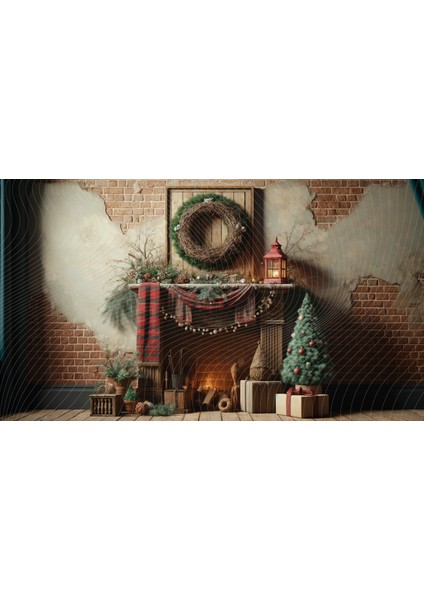 Rustik Şömine ve Noel Dekoru Temalı Arkaplan, 200X150CM, Fon, Duvar Örtüsü