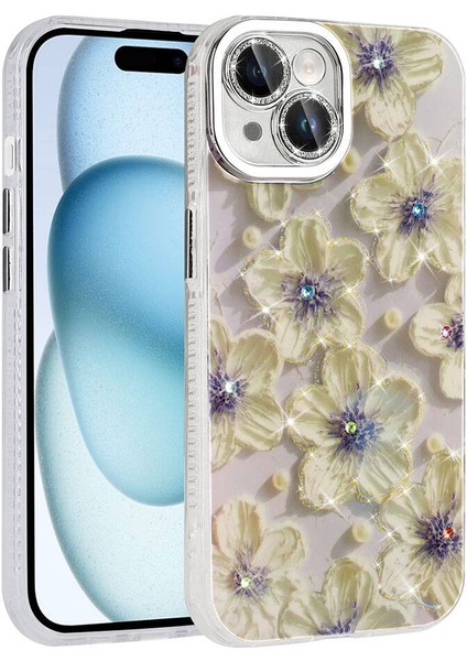 iPhone 14 Uyumlu Tcg Kılıf Çiçek Desenli Parlak Taşlı Sert Silikon Zore Garden Kapak-Mavi