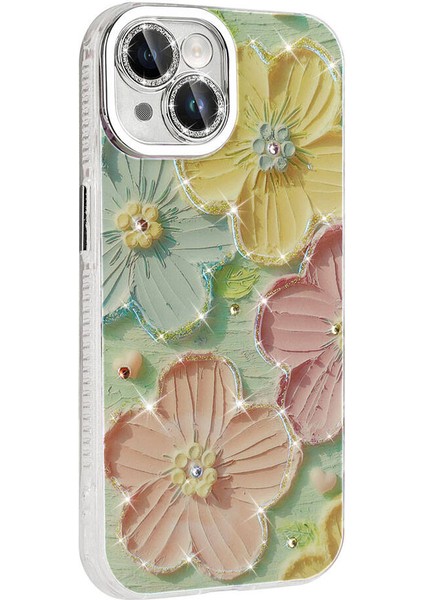 iPhone 14 Uyumlu Tcg Kılıf Çiçek Desenli Parlak Taşlı Sert Silikon Zore Garden Kapak-Mavi