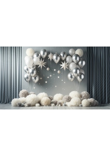 Gümüş ve Beyaz Balonlar ile Yıldız Temalı Arkaplan, 200X150CM, Fon, Duvar Örtüsü