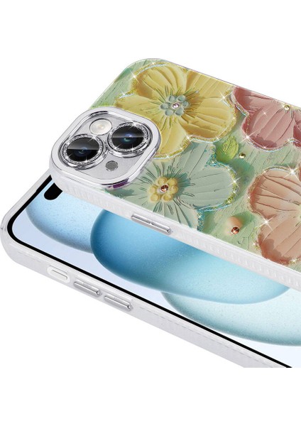 iPhone 14 Uyumlu Hlp Kılıf Çiçek Desenli Parlak Taşlı Sert Silikon Zore Garden Kapak-Mavi