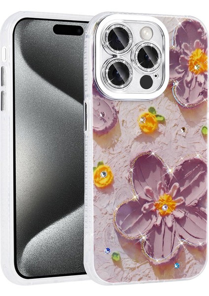 iPhone 14 Pro Max Uyumlu Hlp Kılıf Çiçek Desenli Parlak Taşlı Sert Silikon Zore Garden Kapak-Mor