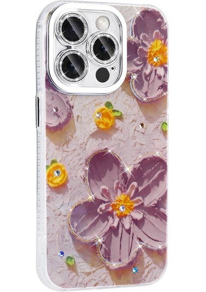 iPhone 14 Pro Max Uyumlu Hlp Kılıf Çiçek Desenli Parlak Taşlı Sert Silikon Zore Garden Kapak-Mor