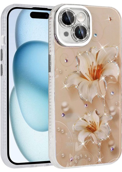 iPhone 15 Uyumlu Hlp Kılıf Çiçek Desenli Parlak Taşlı Sert Silikon Zore Garden Kapak-Pembe Açık