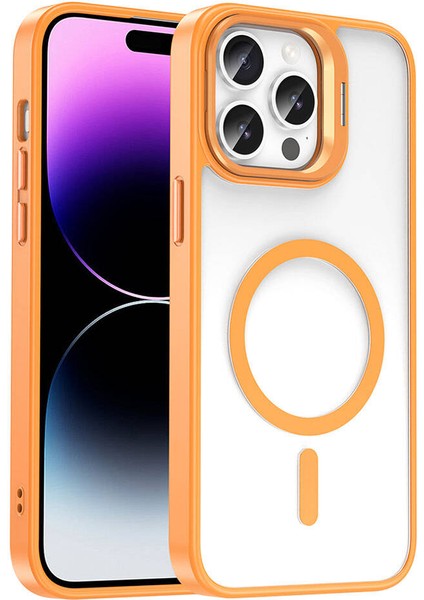 iPhone 14 Pro Uyumlu Sln Kılıf Magsafe Şarj Özellikli Standlı Zore Magsafe Klon Lensli Kapak-Turuncu