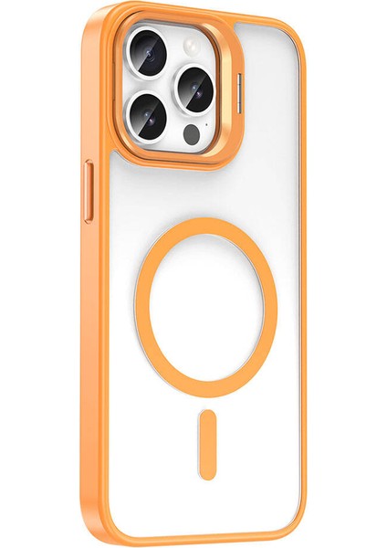 iPhone 14 Pro Uyumlu Sln Kılıf Magsafe Şarj Özellikli Standlı Zore Magsafe Klon Lensli Kapak-Turuncu