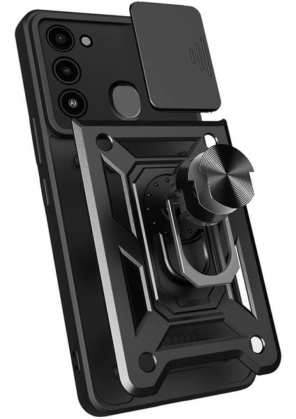 Tecno Spark 8c Uyumlu Hlp Kılıf Magnetik Standlı Kamera Korumalı Zore Sürgülü Vega Kapak-Siyah