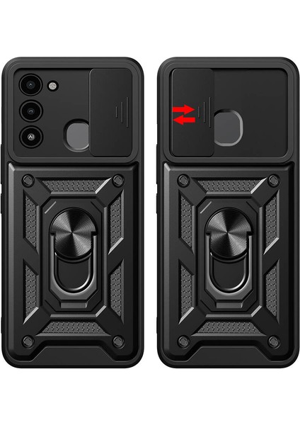 Tecno Spark 8c Uyumlu Hlp Kılıf Magnetik Standlı Kamera Korumalı Zore Sürgülü Vega Kapak-Siyah