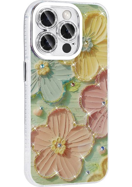 Alan Tech iPhone 14 Pro Max Uyumlu Alt Kılıf Çiçek Desenli Parlak Taşlı Sert Silikon Zore Garden Kapak-Mavi indirimleri