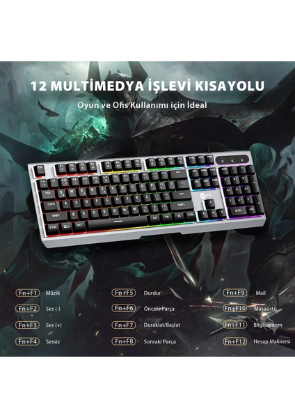 KB121 USB Kablolu Makro Tuşlu Rainbow Efektli Mekanik Hisli Membran Gaming Q Siyah Klavye