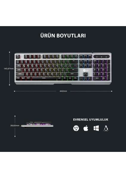 KB121 USB Kablolu Makro Tuşlu Rainbow Efektli Mekanik Hisli Membran Gaming Q Siyah Klavye