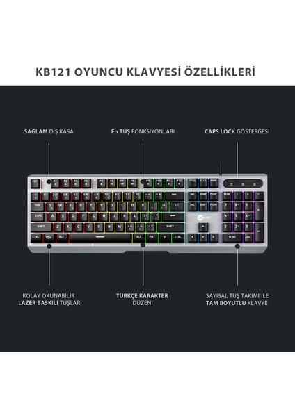 KB121 USB Kablolu Makro Tuşlu Rainbow Efektli Mekanik Hisli Membran Gaming Q Siyah Klavye