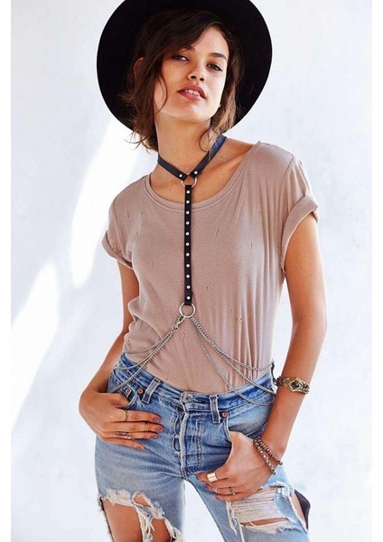 Mulvxjrt JRT02 Zımba ve Zincir Detaylı Boyundan Askılı Deri Harness - 840 (Mulvix)