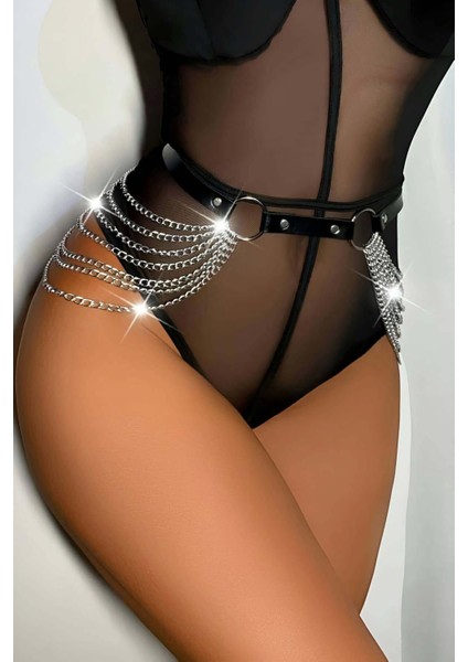 Mulvxjrt JRT02 Zincirli Siyah Deri Bel Kemer Harness - 391 (Mulvix)