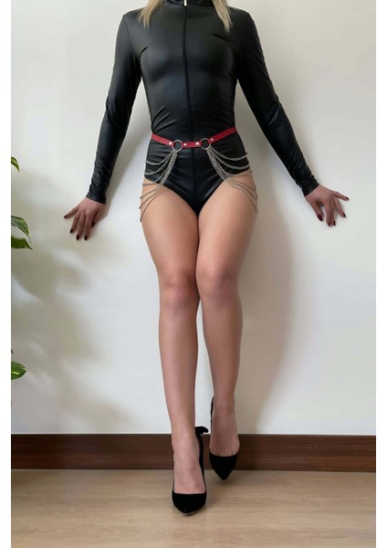 Mulvxjrt JRT02 Zincirli Kırmızı Deri Bel Kemeri (Mulvix)