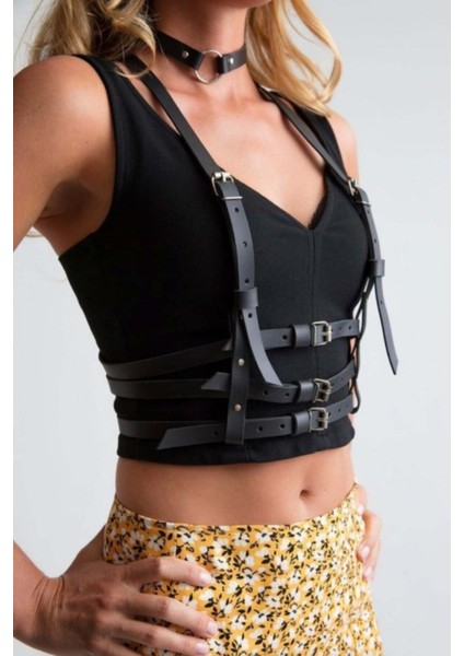 Mulvxjrt JRT02 3 Sıralı Gömlek ve T-Shirt Üzeri Şık Deri Kemer ve Choker - 615 (Mulvix)