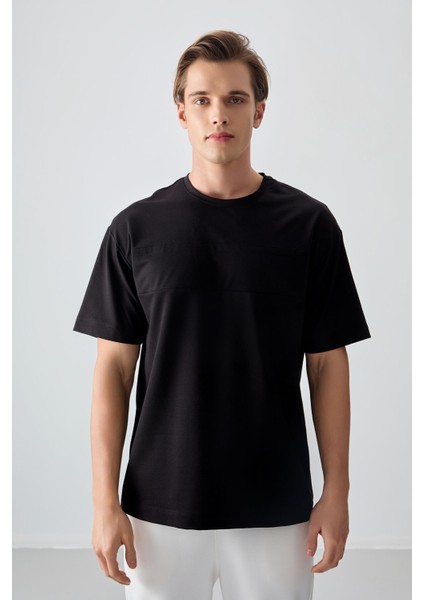 Siyah Pamuklu Kalın Yumuşak Dokulu Oversize Fit Basic Erkek T-Shirt - 88378 modelleri
