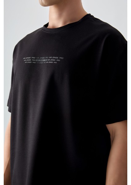 Siyah Pamuklu Kalın Yumuşak Dokulu Oversize Fit Baskılı Erkek T-Shirt - 88374 modelleri
